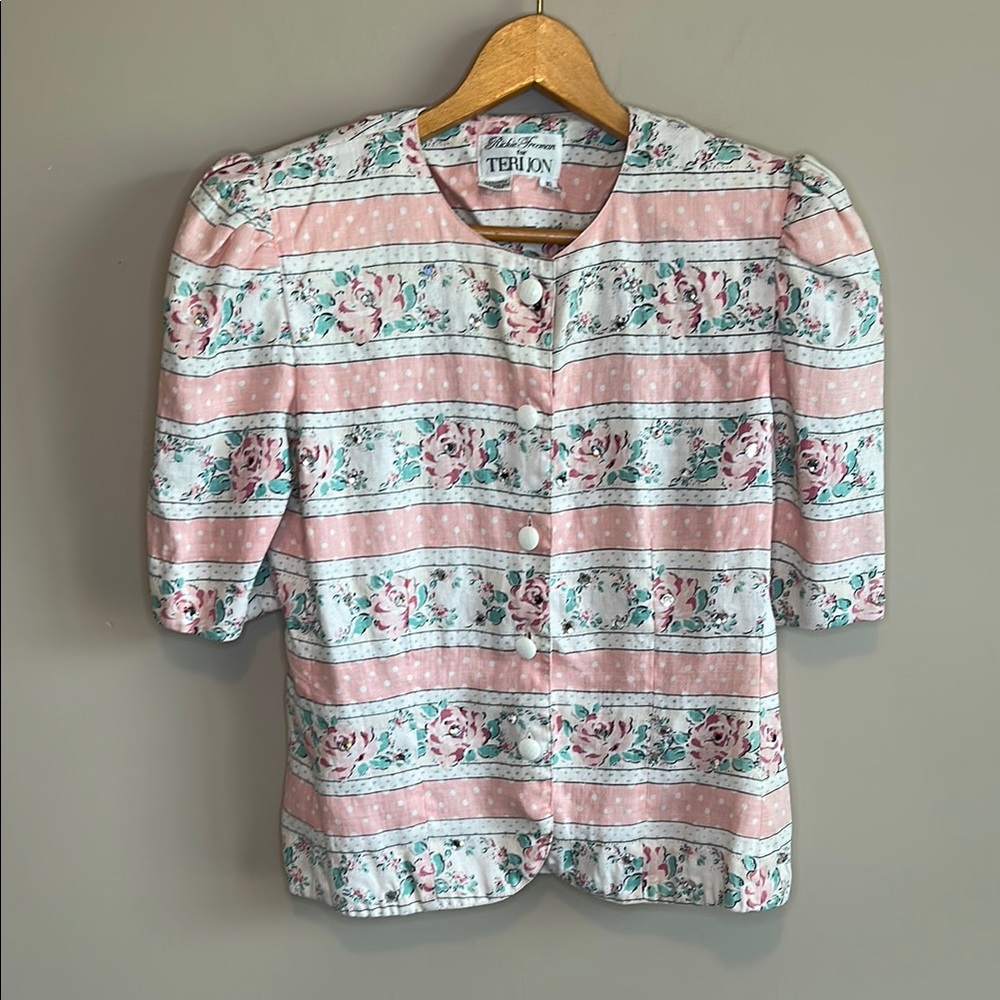 Teri Jon Pink Floral Linen Blouse